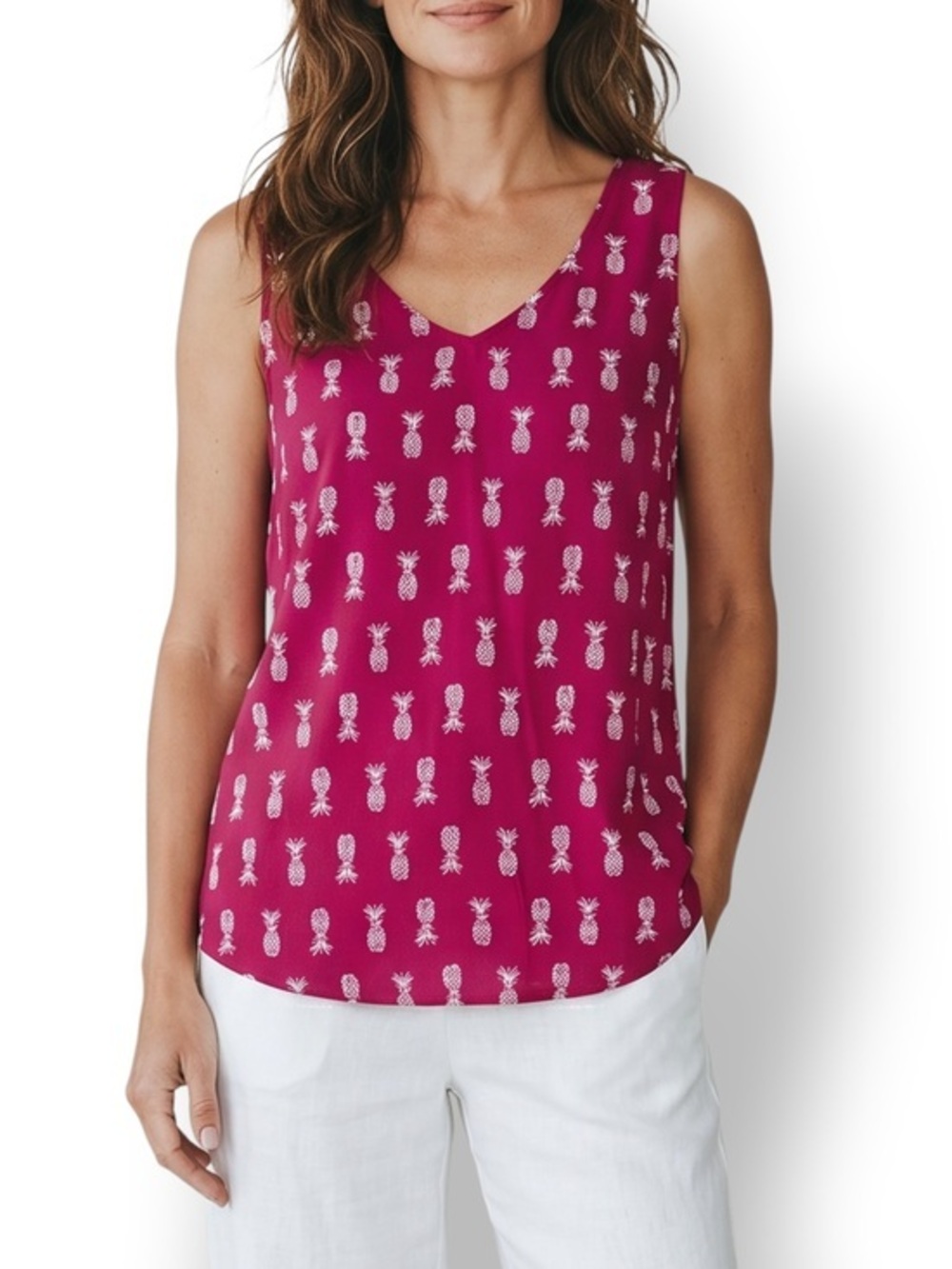 4/$20 Sonoma Pink Pineapple Print Rayon Tank Top Small Tropical Summer Blouse S